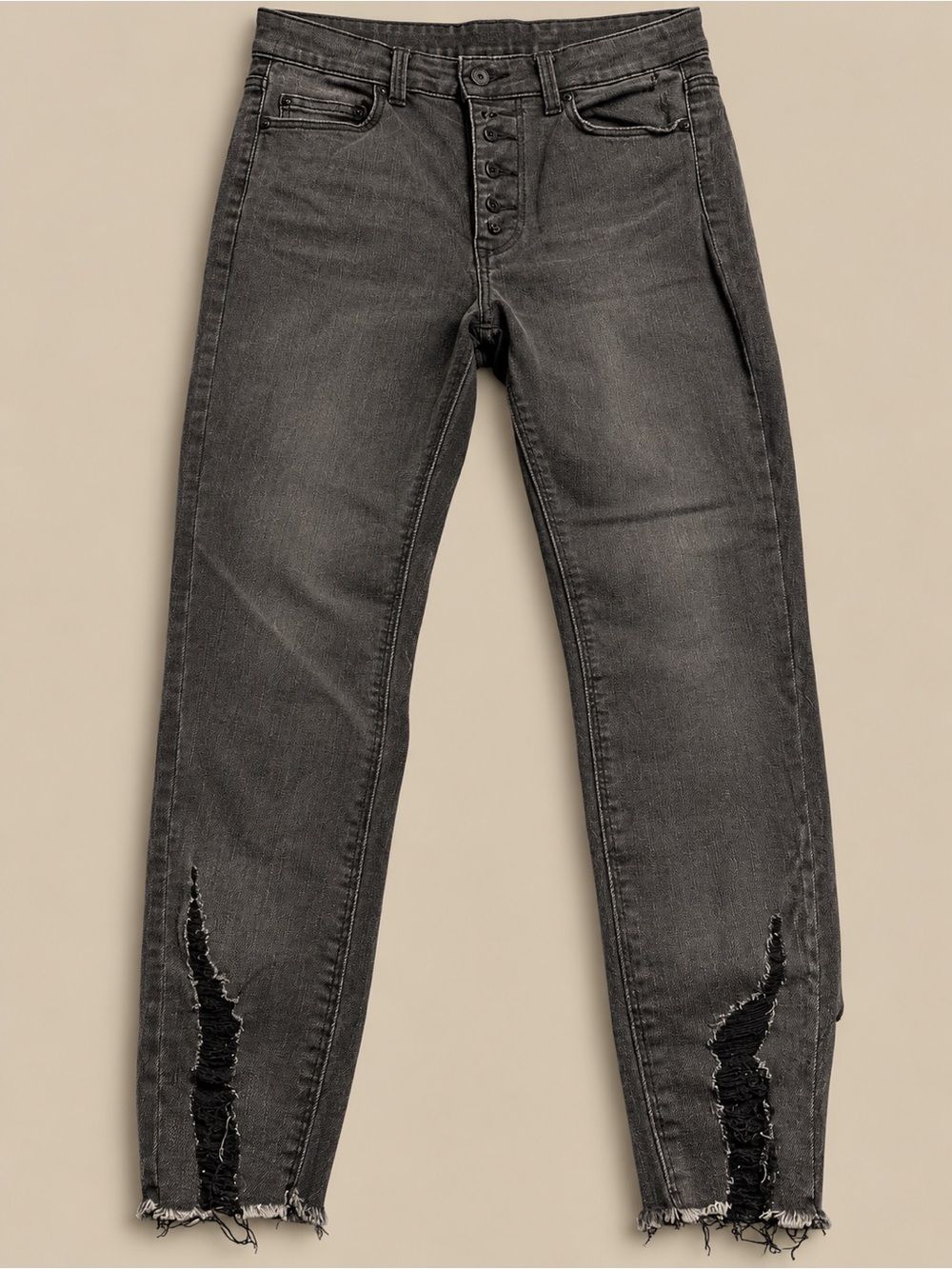 Indigo Rein Women's Charcoal Grey Button Fly Skinny Jeans with Distressed Ankles